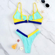 Load image into Gallery viewer, Bikinis Ribbed Swimwear Women's Swimsuit Push Up Bathing Suit Solid Patchwork High Cut Bikini Set Women Padded Push up Bikini Set Halter Two Piece Cross Top Swimsuit Patchwork Bathing Suit