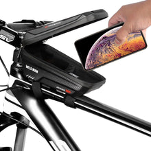 Load image into Gallery viewer, Black Bike Bag Frame Front Top Tube Cycling Bag Waterproof Phone Case Touchscreen Bag Pack Bicycle Accessories Bike Bicycle Bag Waterproof Bike Phone Mount Bag Front Frame Top Tube Handlebar Bag Touch Screen Holder Case For Cell Phones 6.6in