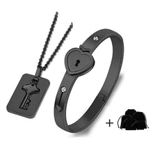 Load image into Gallery viewer, Black Heart Bracelet Choker Set Jewelry Stainless Steel Key Pendant Necklace Women Men Couples Valentines Plated Titanium Matching Puzzle Couple Heart Lock Bracelet And Key Pendant Necklace For Men And Women