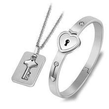 Load image into Gallery viewer, Black Heart Bracelet Choker Set Jewelry Stainless Steel Key Pendant Necklace Women Men Couples Valentines Plated Titanium Matching Puzzle Couple Heart Lock Bracelet And Key Pendant Necklace For Men And Women
