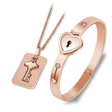Load image into Gallery viewer, Black Heart Bracelet Choker Set Jewelry Stainless Steel Key Pendant Necklace Women Men Couples Valentines Plated Titanium Matching Puzzle Couple Heart Lock Bracelet And Key Pendant Necklace For Men And Women