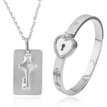 Load image into Gallery viewer, Black Heart Bracelet Choker Set Jewelry Stainless Steel Key Pendant Necklace Women Men Couples Valentines Plated Titanium Matching Puzzle Couple Heart Lock Bracelet And Key Pendant Necklace For Men And Women