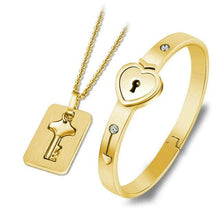 Load image into Gallery viewer, Black Heart Bracelet Choker Set Jewelry Stainless Steel Key Pendant Necklace Women Men Couples Valentines Plated Titanium Matching Puzzle Couple Heart Lock Bracelet And Key Pendant Necklace For Men And Women