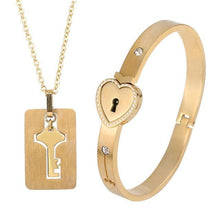 Load image into Gallery viewer, Black Heart Bracelet Choker Set Jewelry Stainless Steel Key Pendant Necklace Women Men Couples Valentines Plated Titanium Matching Puzzle Couple Heart Lock Bracelet And Key Pendant Necklace For Men And Women