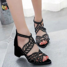 将图片加载到图库查看器,Black Luxury Style Women Summer Sandals Hollow Out Leather Rhinestones Thick Heel Zipper Sandals Beach Sandals Rhinestone Hollow Out Non Slip Breathable Casual Rhinestone Summer Fashion Comfy Sandals