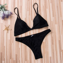 Load image into Gallery viewer, Black Micro Bikini Set Women 2 Pieces Swimsuit Swimwear Push Up Padded Bra Thongs Bathing Suit Beachwear Women's Tie Side Bottom Padded Top Triangle Bikini Bathing Suit