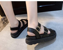 Load image into Gallery viewer, Black Summer Woman Flat Platform Sandals Women Soft Leather Casual Open Toe Women Shoes Slides Sandals Comfort Footbed Double Buckle Adjustable Slippers Summer Non Slip Flat Elegant Sandals