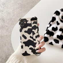Load image into Gallery viewer, Black White Leopard Milk Pattern PU Leather Phone Case For iPhone 14 13 12 11 Pro XS MAX X XR 8 Plus Cover Hand Band Wrist Strap Women Leopard Pattern Clear Phone Case with Camera Protection Phone Protective Cover Modern Design Phone Cases