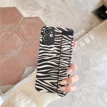 Load image into Gallery viewer, Black White Leopard Milk Pattern PU Leather Phone Case For iPhone 14 13 12 11 Pro XS MAX X XR 8 Plus Cover Hand Band Wrist Strap Women Leopard Pattern Clear Phone Case with Camera Protection Phone Protective Cover Modern Design Phone Cases