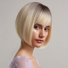 将图片加载到图库查看器,Blonde White Black Ombre Bob Synthetic Wigs for Women Straight Hair Wigs Cosplay Party Wig with bangs Heat Resistant Wigs For Black Women Cosplay Wigs For Women