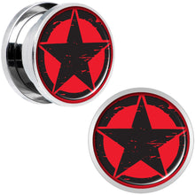 Load image into Gallery viewer, Black Red Distressed Star Steel Screw Fit Plug Set 5/8