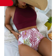 将图片加载到图库查看器,Brown Leaf Print High Waist Bikini Set 2 Piece Summer Padded Push Up High Waist Bikini Swimsuit Swimwear Swimsuit Women High Neck Two Pieces Swimwear Female Sports Bathing Suit