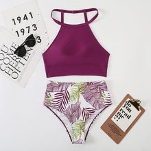 将图片加载到图库查看器,Brown Leaf Print High Waist Bikini Set 2 Piece Summer Padded Push Up High Waist Bikini Swimsuit Swimwear Swimsuit Women High Neck Two Pieces Swimwear Female Sports Bathing Suit