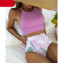 将图片加载到图库查看器,Brown Leaf Print High Waist Bikini Set 2 Piece Summer Padded Push Up High Waist Bikini Swimsuit Swimwear Swimsuit Women High Neck Two Pieces Swimwear Female Sports Bathing Suit