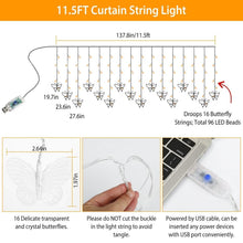 将图片加载到图库查看器,Butterfly Curtain String Lights USB Powered with 8 Modes 96 LED Remote Control