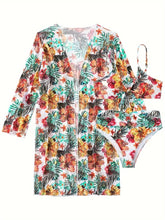 Load image into Gallery viewer, New Tropical Bloom 3-Piece Swimsuit Set – High Waist Floral Fluttering Bikini with Crew Neck Top Spaghetti Straps and Matching Long Sleeve Cover-Up – Stylish Stretchy Women’s Swimwear for Beach & Summer Escapes