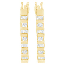 将图片加载到图库查看器,10K Yellow Gold Round and Baguette Cut Diamond Oblong Hinged Leverback Hoop Earrings (¼ Cttw, I-J Color, I2-I3 Clarity)