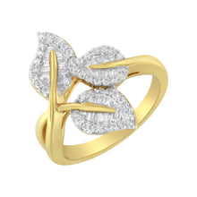 Load image into Gallery viewer, 10k Yellow and White Gold 1/2 Cttw Baguette and Round Diamond Bypass Triple Leaf Ring (I-J Color, I1-I2 Clarity) - Size 7