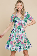 Load image into Gallery viewer, Ruched Floral V-Neck Short Sleeve Summer Dress – Flattering and Feminine Dress with a Chic V-Neckline and Ruched Detailing
