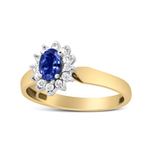Load image into Gallery viewer, 14K Yellow Gold 1/5 Cttw Round Diamond and 6x4mm Oval Blue Tanzanite Halo Ring (H-I Color, I1-I2 Clarity) - Size 7.75