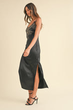 Load image into Gallery viewer, Embroidered Cami Satin Midi Slit Dress โ Satin Dress, Sexy, Flattering, Embroidered Dress, Cami Style Dress, Midi Dress, Slit Detail Dress, Elegant Satin Dress
