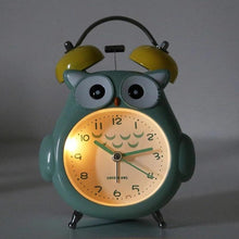 Load image into Gallery viewer, Cartoon Owl Mute Wake Up Table Clock Silent Analog Table Desk Small Clock with Night Light Battery Operated for Living Room Bedroom Kitchen Home Office Cute Ring Bell Metal Bedroom Quartz Alarm Clock With Night Light