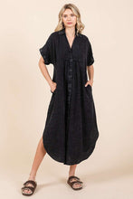 Load image into Gallery viewer, Mineral Wash V Neck Button Up Midi Shirt Dress For Women – Trendy and Comfortable Lived-In Style
