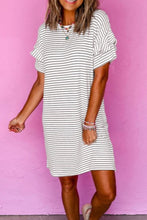 Load image into Gallery viewer, White Striped Round Neck Short Sleeve Mini Dress Casual & Playful Everyday Look Dress