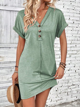 Load image into Gallery viewer, Elegant Button V-Neck Short Sleeve Dress Flattering Casual & Office Wear Simple Dress
