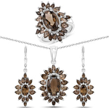 Load image into Gallery viewer, 16.36 Carat Genuine Smoky Quartz .925 Sterling Silver 3 Piece Jewelry Set (Ring, Earrings, and Pendant w/ Chain)