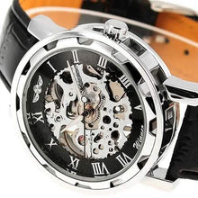 将图片加载到图库查看器,Classic Men's Black Leather Band Skeleton Mechanical Sports Army Wrist Watch