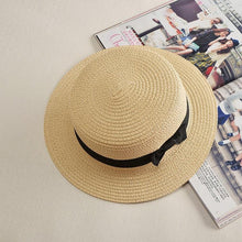 将图片加载到图库查看器,Classic Simple Female Hat For Summer Beach Hat Casual Lady Summer Solid Color Straw Hat Women Elegant Hat Traveling Hats UV Protection Sun Cap Women Flat Bowknot Design Cute Cap Girls Hat 56-58cm