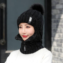 Load image into Gallery viewer, Coral Fleece Winter Women Knitted Hats Add Fur Warm Winter Hats For Women With Zipper Keep Face Warmer Balaclava Pompoms Cap Balaclava Gorgas Bonnet Knitted Hat Windproof Ski Mask Cold Weather Face Mask Motorcycle Balaclava Hood Warmer Winter Sports Cap