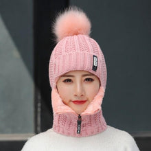 Load image into Gallery viewer, Coral Fleece Winter Women Knitted Hats Add Fur Warm Winter Hats For Women With Zipper Keep Face Warmer Balaclava Pompoms Cap Balaclava Gorgas Bonnet Knitted Hat Windproof Ski Mask Cold Weather Face Mask Motorcycle Balaclava Hood Warmer Winter Sports Cap