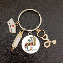 Load image into Gallery viewer, Creative Doctor Keychain Unique Personality Syringe Stethoscope Pendant Keychain Cartoon Colorful Handbag Pendant Keychain Doctor Injection Stethoscope Picture Keychain Round Dome Pendant Women Alloy Keychain