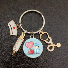 Load image into Gallery viewer, Creative Doctor Keychain Unique Personality Syringe Stethoscope Pendant Keychain Cartoon Colorful Handbag Pendant Keychain Doctor Injection Stethoscope Picture Keychain Round Dome Pendant Women Alloy Keychain