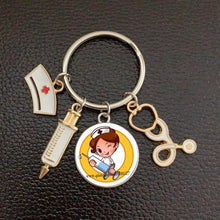 Load image into Gallery viewer, Creative Doctor Keychain Unique Personality Syringe Stethoscope Pendant Keychain Cartoon Colorful Handbag Pendant Keychain Doctor Injection Stethoscope Picture Keychain Round Dome Pendant Women Alloy Keychain
