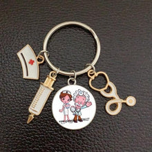 Load image into Gallery viewer, Creative Doctor Keychain Unique Personality Syringe Stethoscope Pendant Keychain Cartoon Colorful Handbag Pendant Keychain Doctor Injection Stethoscope Picture Keychain Round Dome Pendant Women Alloy Keychain