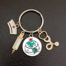 Load image into Gallery viewer, Creative Doctor Keychain Unique Personality Syringe Stethoscope Pendant Keychain Cartoon Colorful Handbag Pendant Keychain Doctor Injection Stethoscope Picture Keychain Round Dome Pendant Women Alloy Keychain