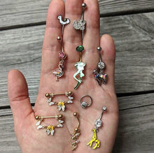 Load image into Gallery viewer, Green Gold Tone Frog Flower Double Mount Belly Ring