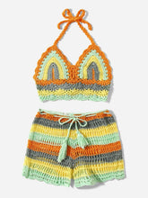 将图片加载到图库查看器,Crochet Bikini Sets Multi Color Knitted Rainbow Striped Off Shoulder Top Bottom Bikini Women's Crochet Striped Lace Up Shorts Bikini Set 2 PCS Knit Bathing Suit Swimsuit Beachwear Bathing Suit Women Swimsuit