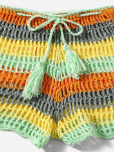 将图片加载到图库查看器,Crochet Bikini Sets Multi Color Knitted Rainbow Striped Off Shoulder Top Bottom Bikini Women's Crochet Striped Lace Up Shorts Bikini Set 2 PCS Knit Bathing Suit Swimsuit Beachwear Bathing Suit Women Swimsuit