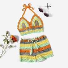 将图片加载到图库查看器,Crochet Bikini Sets Multi Color Knitted Rainbow Striped Off Shoulder Top Bottom Bikini Women's Crochet Striped Lace Up Shorts Bikini Set 2 PCS Knit Bathing Suit Swimsuit Beachwear Bathing Suit Women Swimsuit