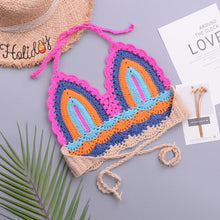 将图片加载到图库查看器,Crochet Bikini Sets Multi Color Knitted Rainbow Striped Off Shoulder Top Bottom Bikini Women's Crochet Striped Lace Up Shorts Bikini Set 2 PCS Knit Bathing Suit Swimsuit Beachwear Bathing Suit Women Swimsuit