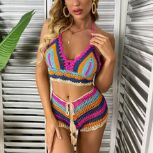 将图片加载到图库查看器,Crochet Bikini Sets Multi Color Knitted Rainbow Striped Off Shoulder Top Bottom Bikini Women's Crochet Striped Lace Up Shorts Bikini Set 2 PCS Knit Bathing Suit Swimsuit Beachwear Bathing Suit Women Swimsuit