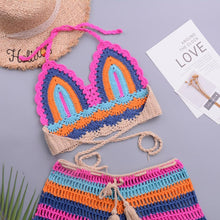 将图片加载到图库查看器,Crochet Bikini Sets Multi Color Knitted Rainbow Striped Off Shoulder Top Bottom Bikini Women's Crochet Striped Lace Up Shorts Bikini Set 2 PCS Knit Bathing Suit Swimsuit Beachwear Bathing Suit Women Swimsuit