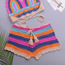 将图片加载到图库查看器,Crochet Bikini Sets Multi Color Knitted Rainbow Striped Off Shoulder Top Bottom Bikini Women's Crochet Striped Lace Up Shorts Bikini Set 2 PCS Knit Bathing Suit Swimsuit Beachwear Bathing Suit Women Swimsuit