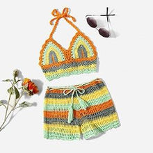 将图片加载到图库查看器,Crochet Bikini Sets Multi Color Knitted Rainbow Striped Off Shoulder Top Bottom Bikini Women's Crochet Striped Lace Up Shorts Bikini Set 2 PCS Knit Bathing Suit Swimsuit Beachwear Bathing Suit Women Swimsuit