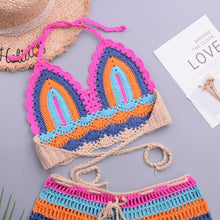 将图片加载到图库查看器,Crochet Bikini Sets Multi Color Knitted Rainbow Striped Off Shoulder Top Bottom Bikini Women's Crochet Striped Lace Up Shorts Bikini Set 2 PCS Knit Bathing Suit Swimsuit Beachwear Bathing Suit Women Swimsuit