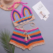 将图片加载到图库查看器,Crochet Bikini Sets Multi Color Knitted Rainbow Striped Off Shoulder Top Bottom Bikini Women's Crochet Striped Lace Up Shorts Bikini Set 2 PCS Knit Bathing Suit Swimsuit Beachwear Bathing Suit Women Swimsuit